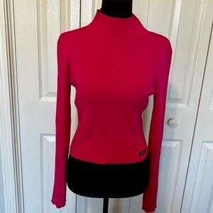 Calvin Klein Ribbed Mock Neck Sweater Hot Pink Fitted Long Sleeve Size Small
